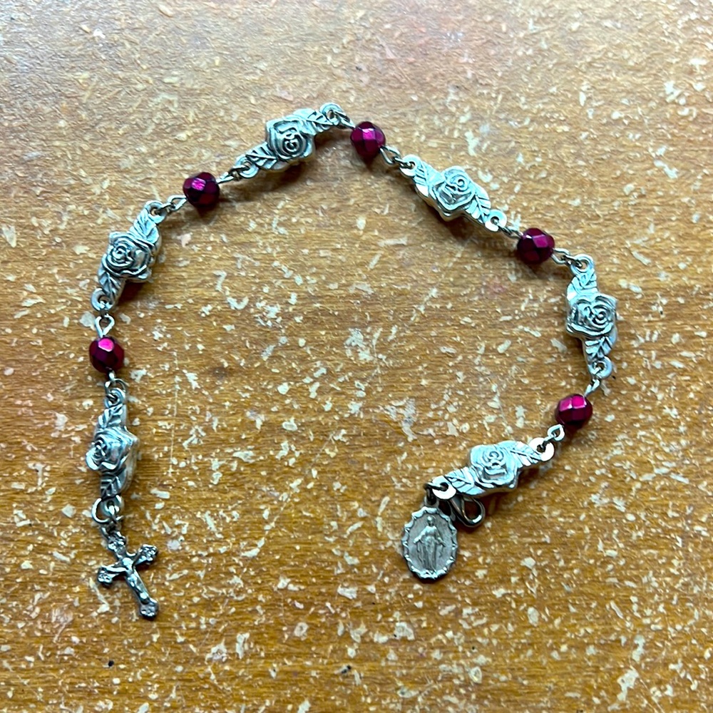 sterling silver rose bracelet with cross and Mary on ends